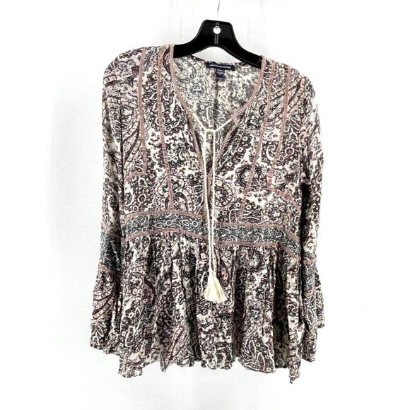American Eagle Outfitters Women's Paisley Boho Tassel Top Shirt Size Small - Picture 1 of 15